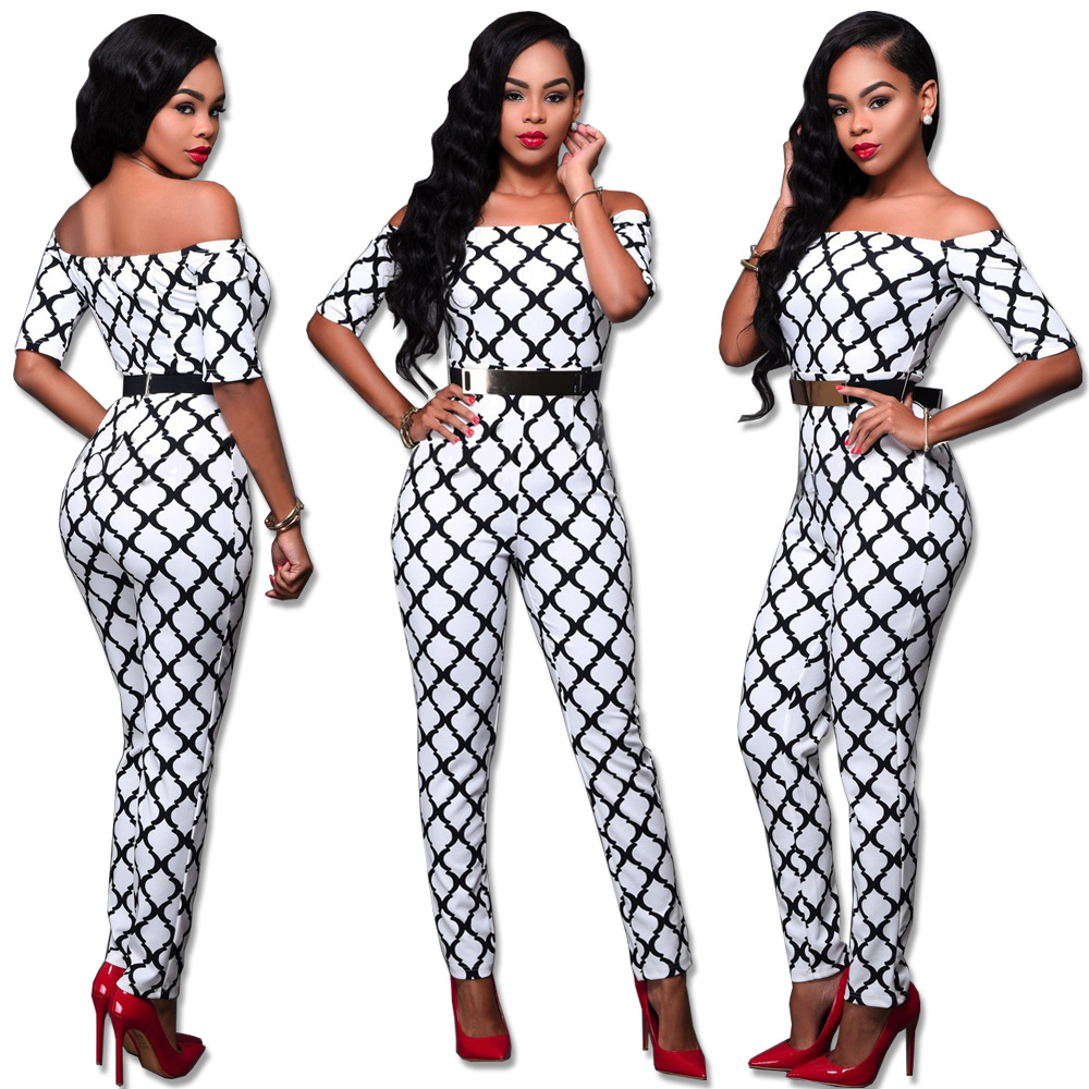 F2516-1 Women Jumpsuits Fashion Print Off the Shoulder with Belt